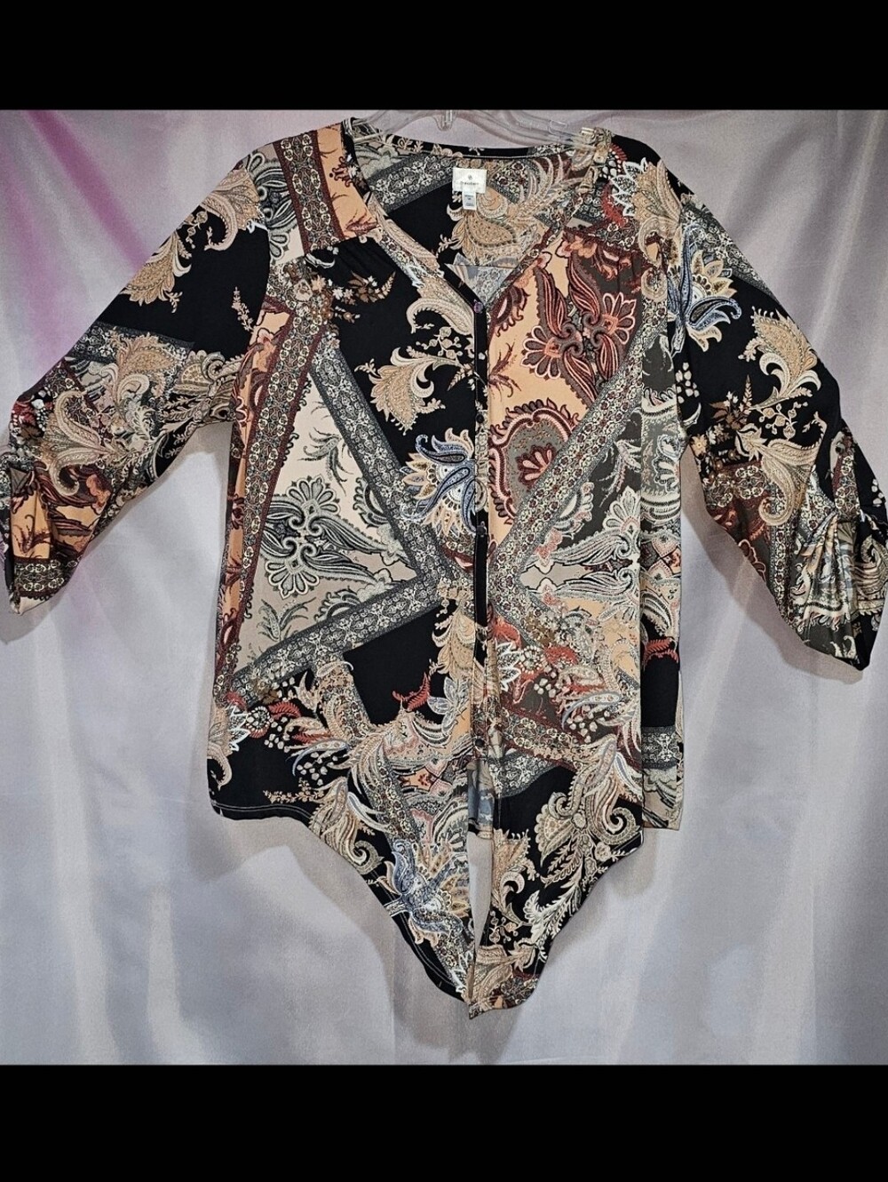 Dressbarn Paisley Button-Front Tie Hem Shirt in Black, Cream and Tan
